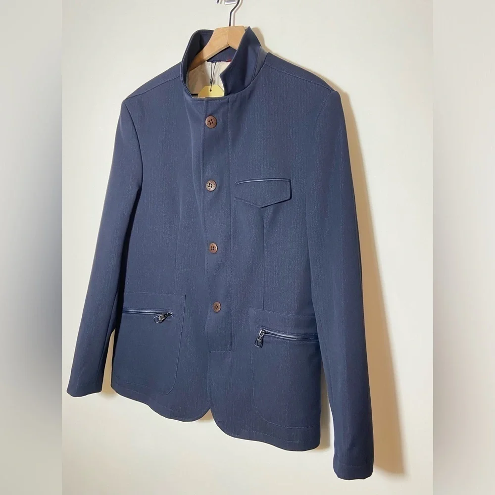 RNT23 Blazer Jacket Mens Size 46 Denim Leather Trim Full Zip Sport Coat NWT $259